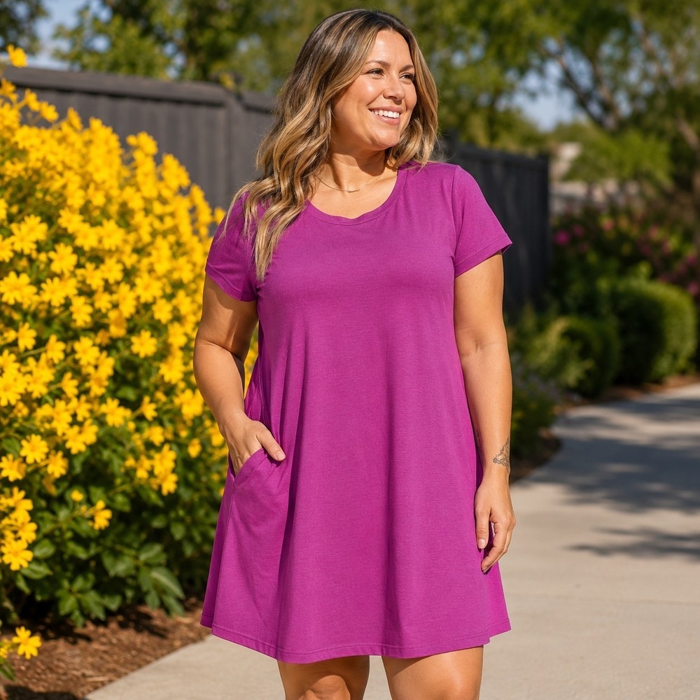 Zim & Zoe Women's 2X T-Shirt Dress Plus Cap Sleeve Casual Swing Pockets Lounge